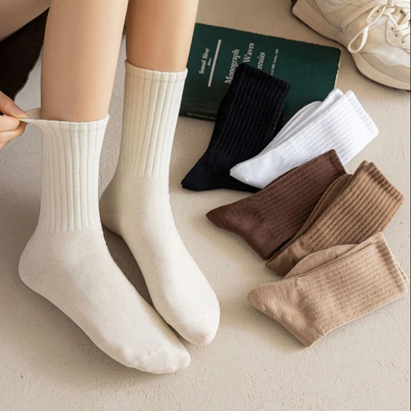 Solid Colors Women Cotton Socks High Quality Autumn Winter Rib Top Paddy Daily Basic Colorful Soft Socks Lady Warm Socks