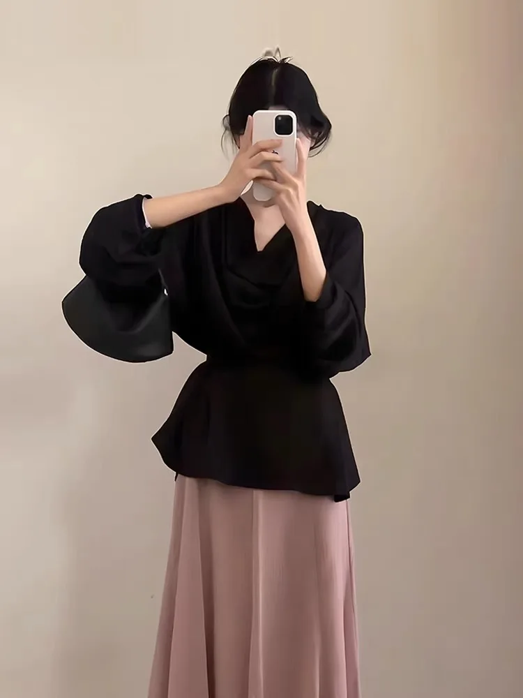 

Темпераментная черная 2325, новая кружевная рубашка, полуюбка, корейский шикарный комплект из двух предметов