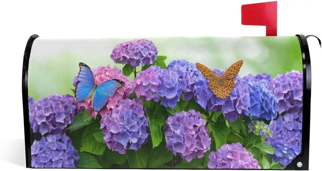 

Hydrangea Flowers with Butterflies Magnetic Mailbox Cover MailWraps Garden Yard Home Decor for Outside Standard