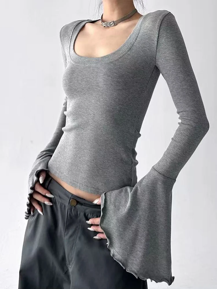 Spring Casual T Shirt for Women Korean Sexy Slim U Neck Bell Sleeve Pullover Female Solid Simple Basic All Match Crop Tees New