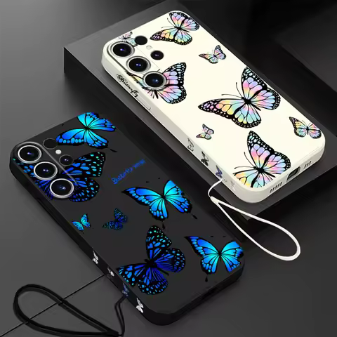 Blue Butterfly Phone Case for Samsung Galaxy S23 Ultra 5G S21 Plus S22 S20 FE S24 Ultra S20 With Lanyard Back Silicone Cover