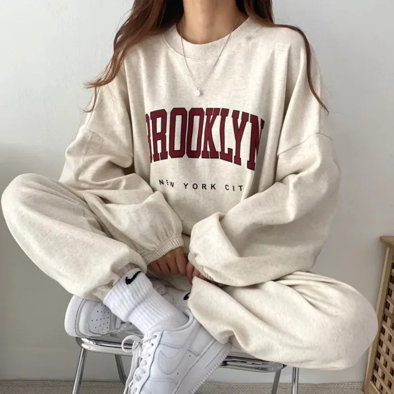 Casual Brooklyn Letter Print Fleece Sweatshirt Women Suit O-neck Two Piece Sets Womens Outfits 2023 Autumn Ladies Y2k Tracksuit