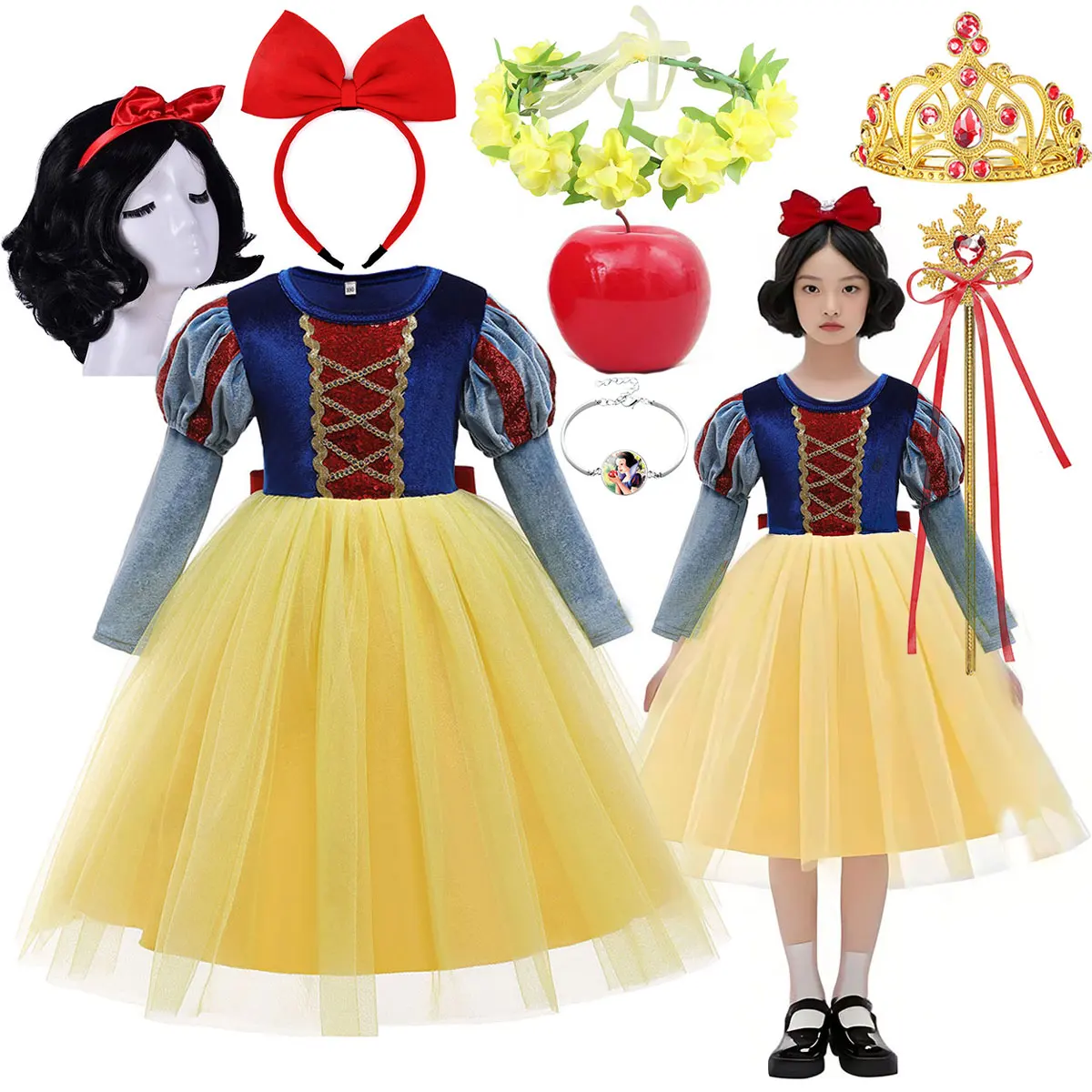 

New Snow White Yellow Long Sleeve Dress Princess Prom Velvet Striped Dress + Fake Apple + Accessories Set Kid Cosplay Outfit