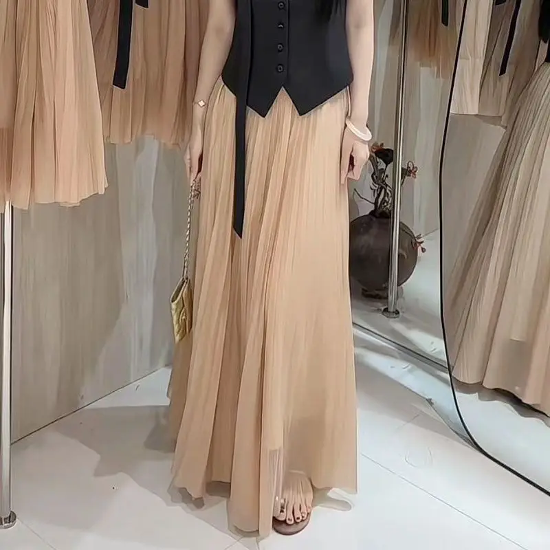 

Real shot 2025 elegant tube top mesh skirt set women's a word pleated long korean fashion clothing slim fit