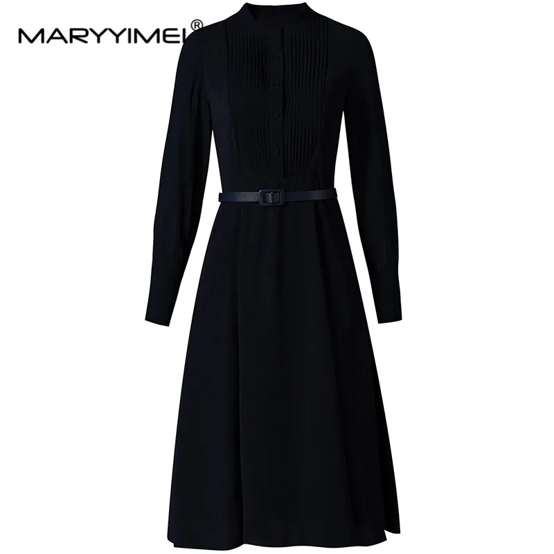 

MARYYIMEI Fashion Women's 2024 Spring New Stand-Up Collar Long-Sleeved Elegant Belt Pleated Slim-Fit Office Lady Ball Gown Dress