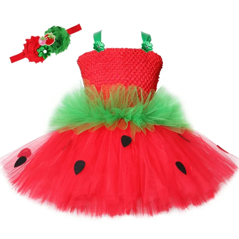 Cute strawberry tutu dress red green tulle flowers Princess girls birthday party dress children kids Christmas Halloween costume