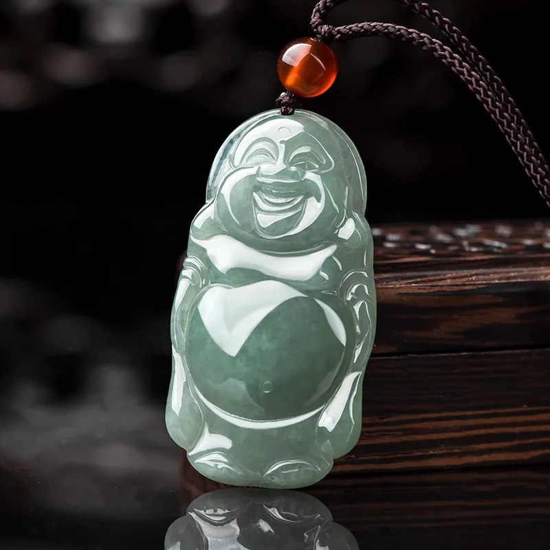 Hot Selling Natural Hand-carve Jade Cyan Laughing Buddha Maitreya Necklace Pendant Fashion Jewelry Men Women Luck Gifts Amulet