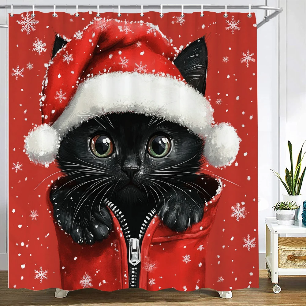 

Merry Christmas Shower Curtain with Hooks Cartoon cute cat dog Christmas Shower Curtain home for Christmas decoration Curtain
