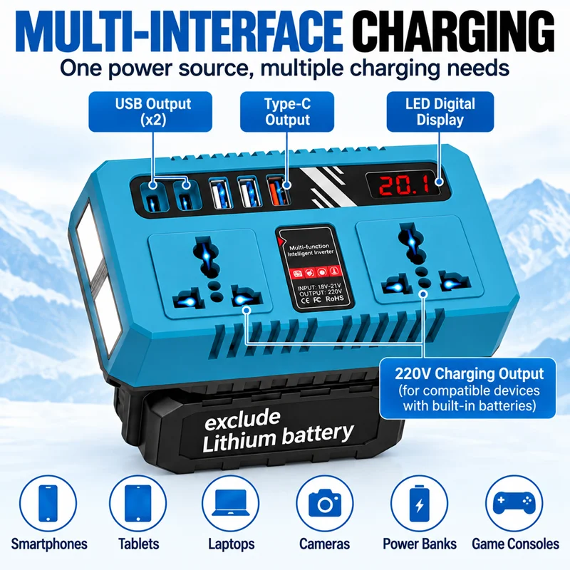 220V 120W Tragbarer Batteriewandler mit USB-Ladeanschluss für Makita 18V Akku und Dewalt 18V Akku, Ladeausgang – Detail 5