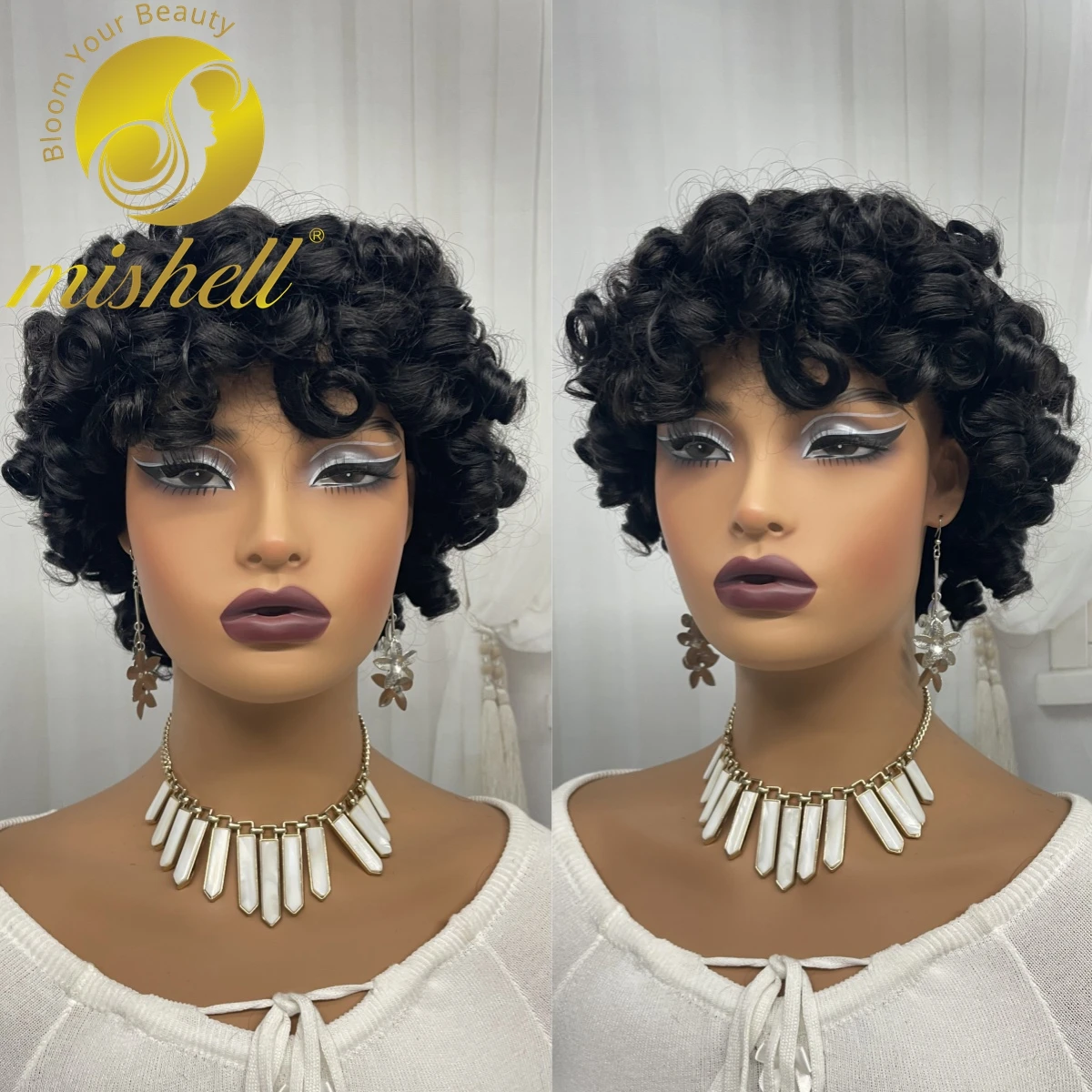 

200% Density Short Natural Bouncy Curly Human Hair Wigs with Bangs Afro Kinky Curly Full Machine Made Bob Wigs for Black Women