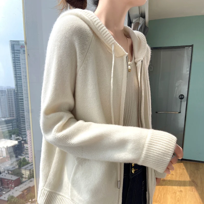 

100% Merino Wool Zipper Cardigan Ladies Hooded Collar Loose Large size Jacket Long Sleeve Hoodie Knit Coat Winter Cashmere Shirt