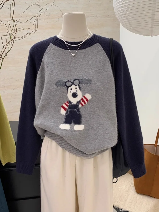Cute Cartoon Dog Spliced Color Knitted Loose Sweater round Ne Long Sve Anti-pilling Autumn Winter Women's Faion Slimmi...