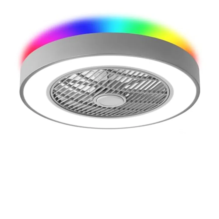 20 Inch Low Profile Ceiling Fan with Light for indoor use, ABS plastic body, Grey RGB color, bladeless LED design with remote c