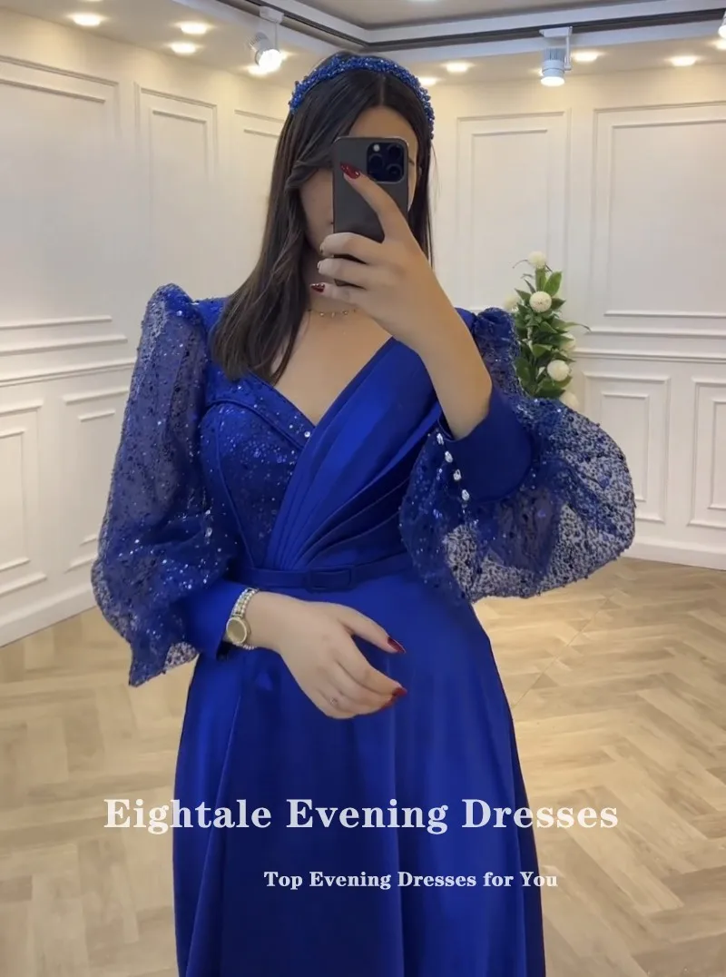 Eightale Royal Blue Evening Dresses Puffy Sleeves Sweetheart Glitter Customized V-Neck Satin Prom Party Gown vestido de fiesta