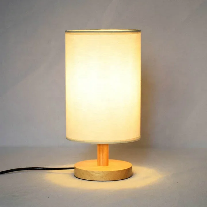 Nordic Simple Bedside Table Lamp Cylinder Linen Fabric Lampshade Wooden Base Small Desk Lamp