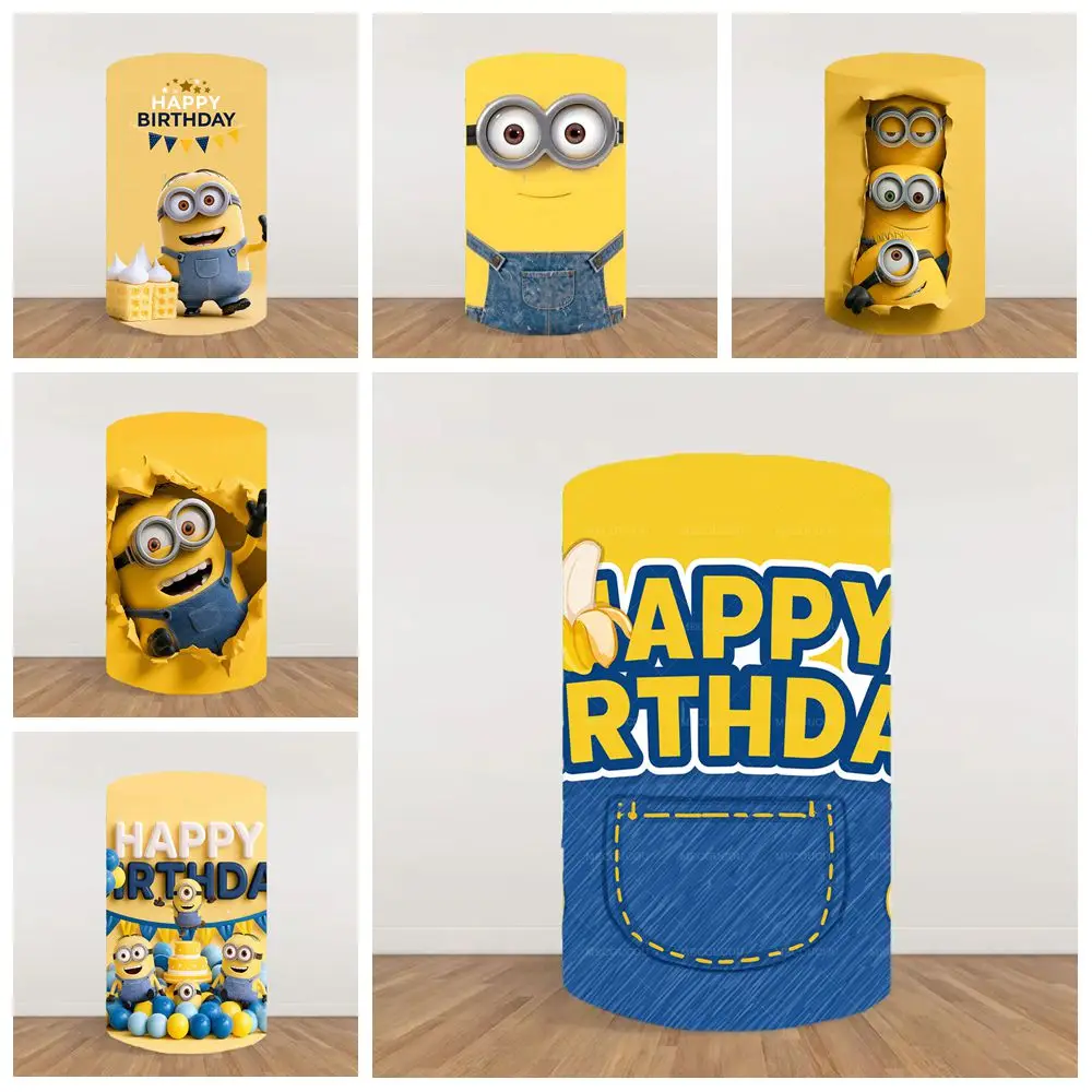 Minions Cylinder Cover Background for Photography Kids Happy Birthday Party Photo Booth Decor Yellow Cartoon Portrait Photo Prop