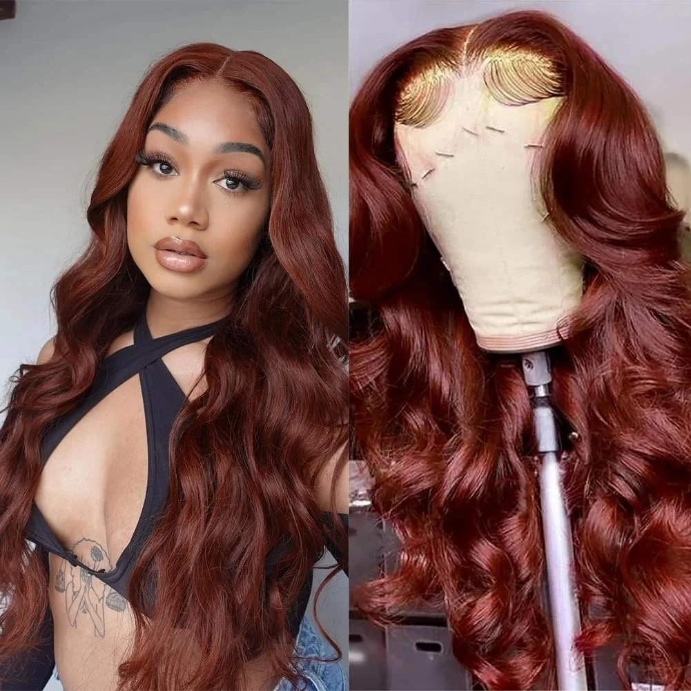 

Reddish Brown 13x4 Lace Front Human Hair Wig Body Wave HD Lace Frontal Brazilian Style Pre-Plucked Wigs for Women