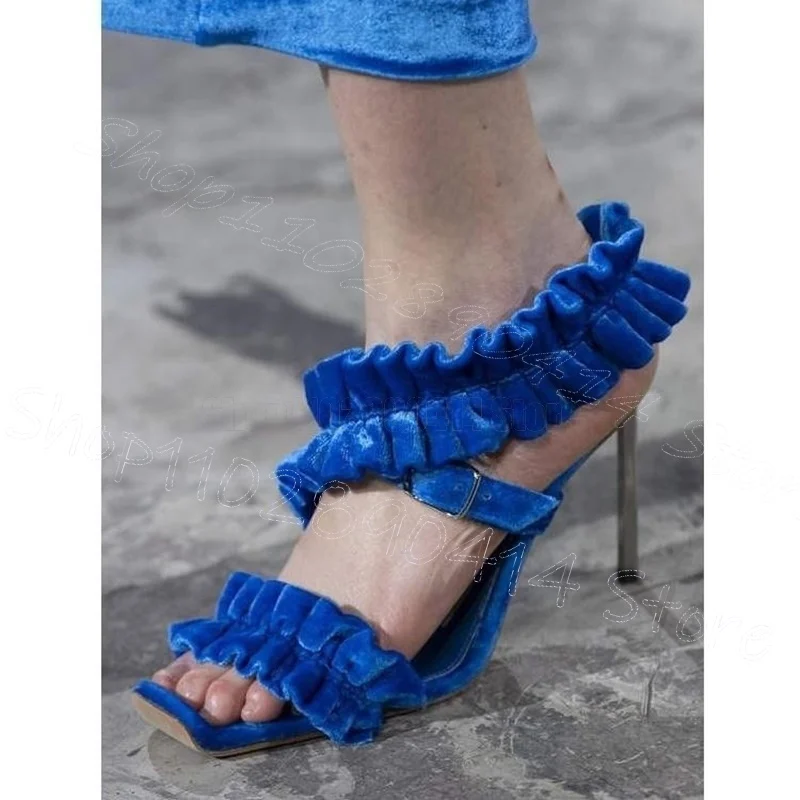 

Blue Corduroy Ruffles Metal Heel Runway Sandals Slip On Women Shoes Thin High Heels Open Toe New Party 2025 Zapatos Para Mujere