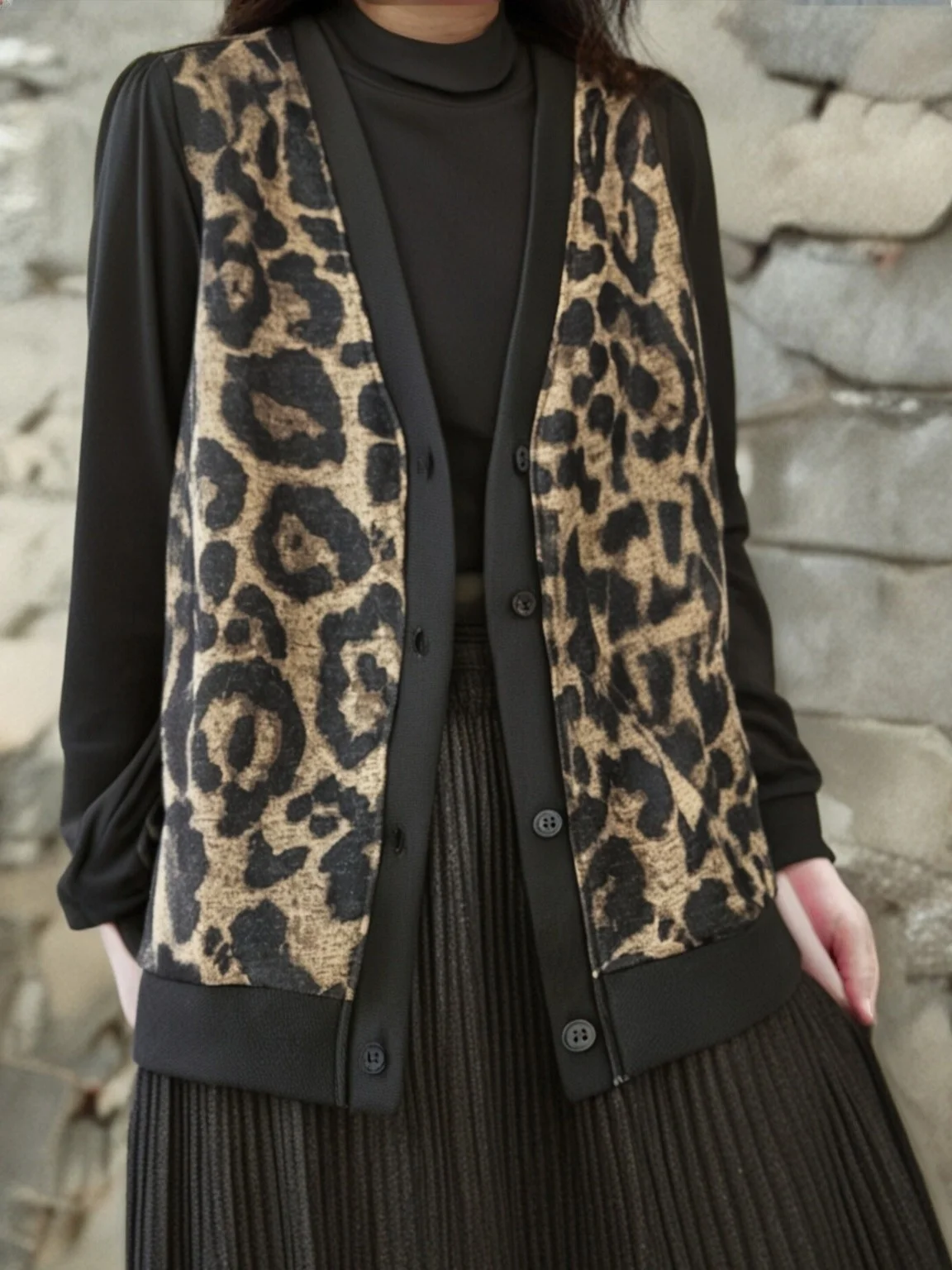 

Ele plus Size Leopard Print Loose Knitted Vest Women's Faion V-Ne Open Cardigan Sweater Thiened Autumn Winter Top