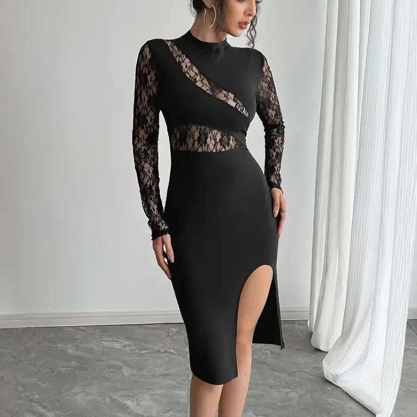 Abito aderente trasparente in pizzo a maniche lunghe da donna autunno 2025 Abiti da sera da sera da club per feste con spacco laterale sottile sexy