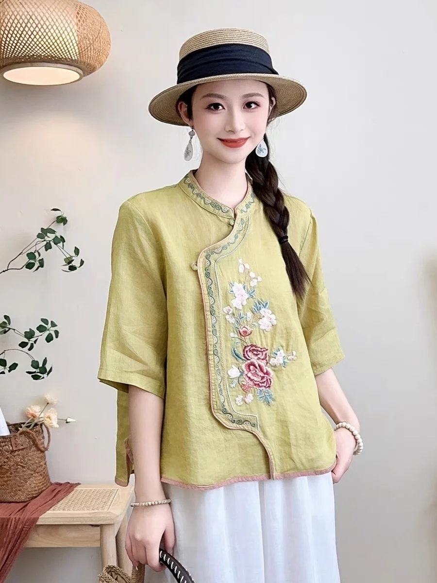 Artistic Retro Cotton Linen irt New Chinese Sle Peony Embroidery Stand Collar Top Summer New Arrival Women's Busin Cas...
