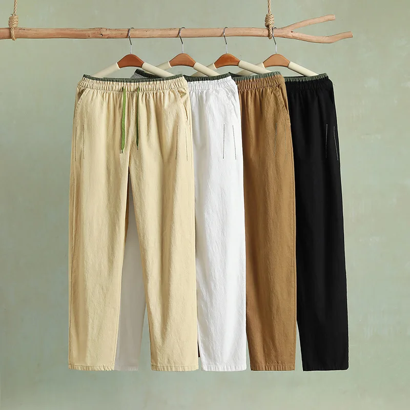 Summer Cotton Linen Blend Loose Fit Women's Straight Leg Pants Breathable Elastic Waist Drawstring Design Slant Pocket Slimming