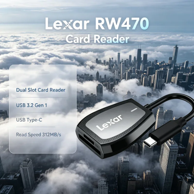 Lexar RW470 2-in-1 USB 3.2 Gen1 Type-C Dual Slot SD microSD Memory Card Reader UHS-II for Camera Data Transfer