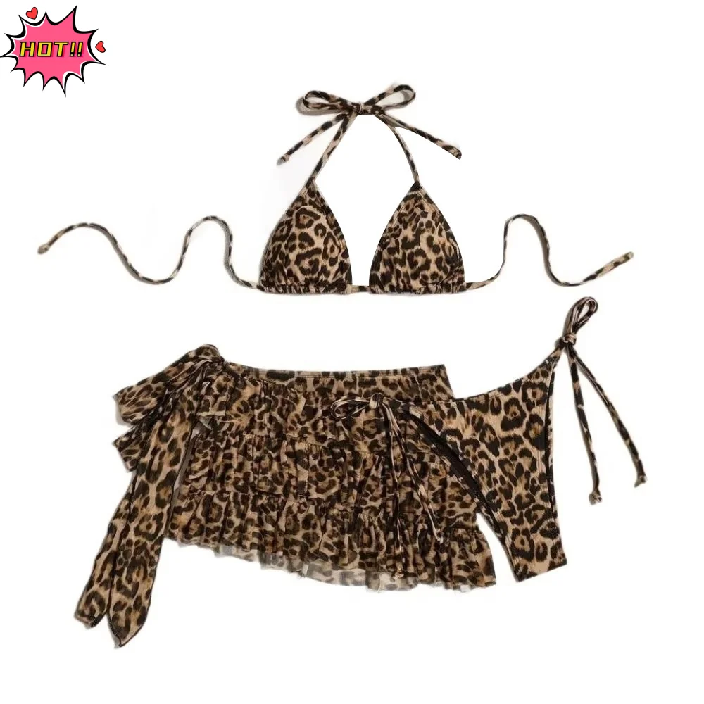 

Новый женский купальник с леопардовым принтом, комплект из 3 предметов, бикини с эффектом пуш-ап, пляжный купальник для летнего отдыха