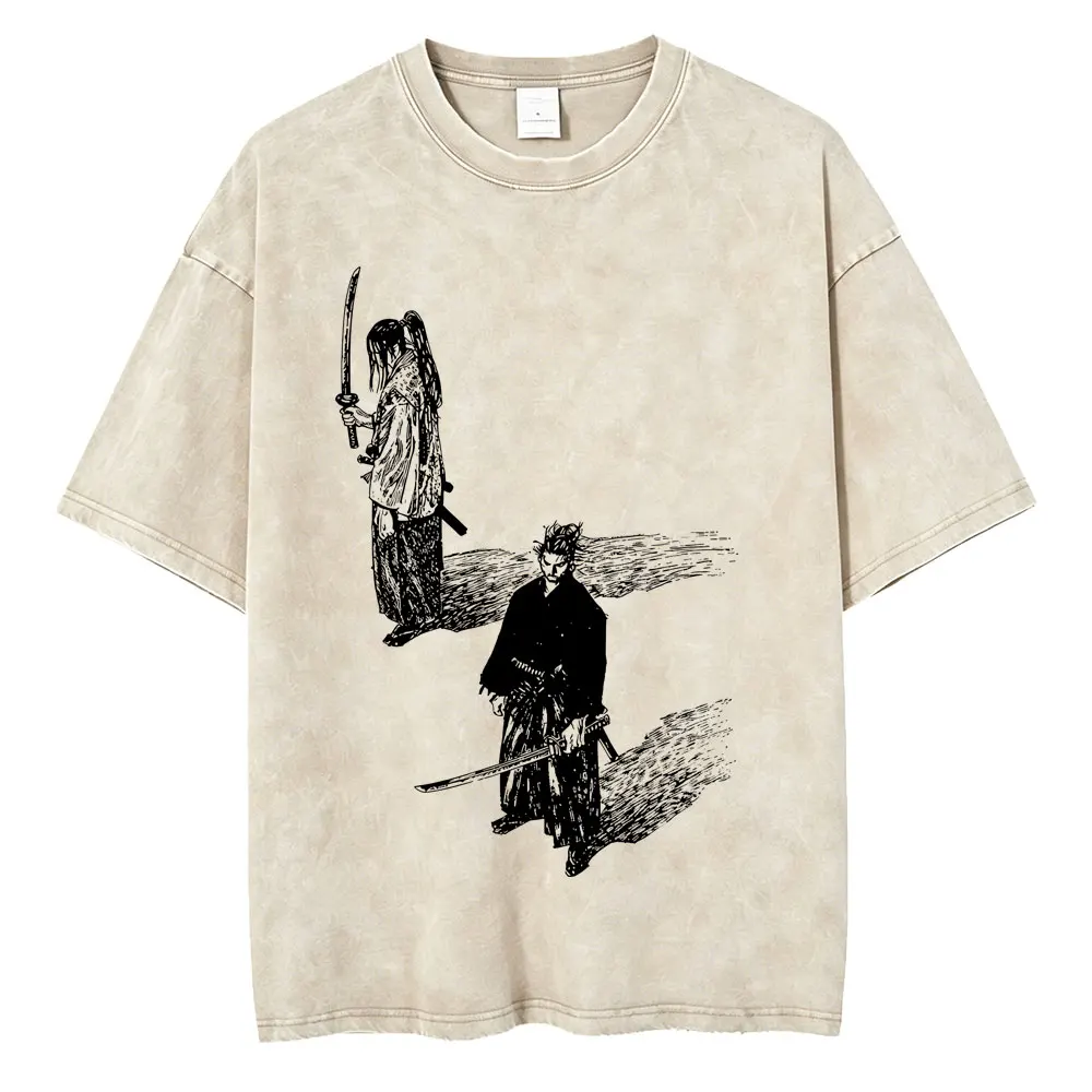 Anime Vagabond Sasaki Kojiro Miyamoto Musashi Vintage Washed T Shirts Men Women Retro Manga Oversized T-shirts Y2k Streetwear
