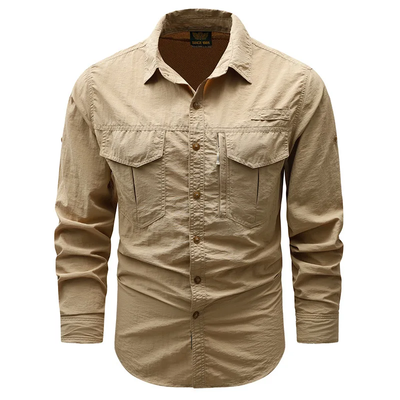 New Summer Men Outdoor Long Sleeves Elastic Quick Drying Cargo Shirts Quality Man Thin Breathable Comfortable Tooling Shirts