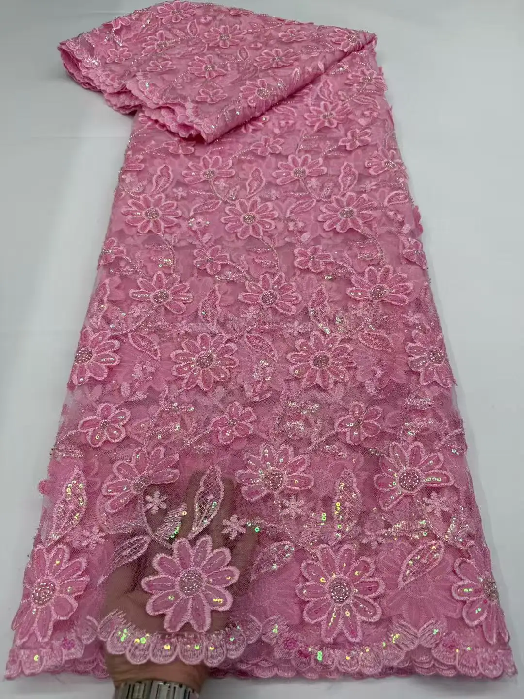 

African Net Sequined Lace Fabric Newest Luxury Nigerian pearl and beads Mesh Lace Fabric for Women Wedding Dresses Material Sew