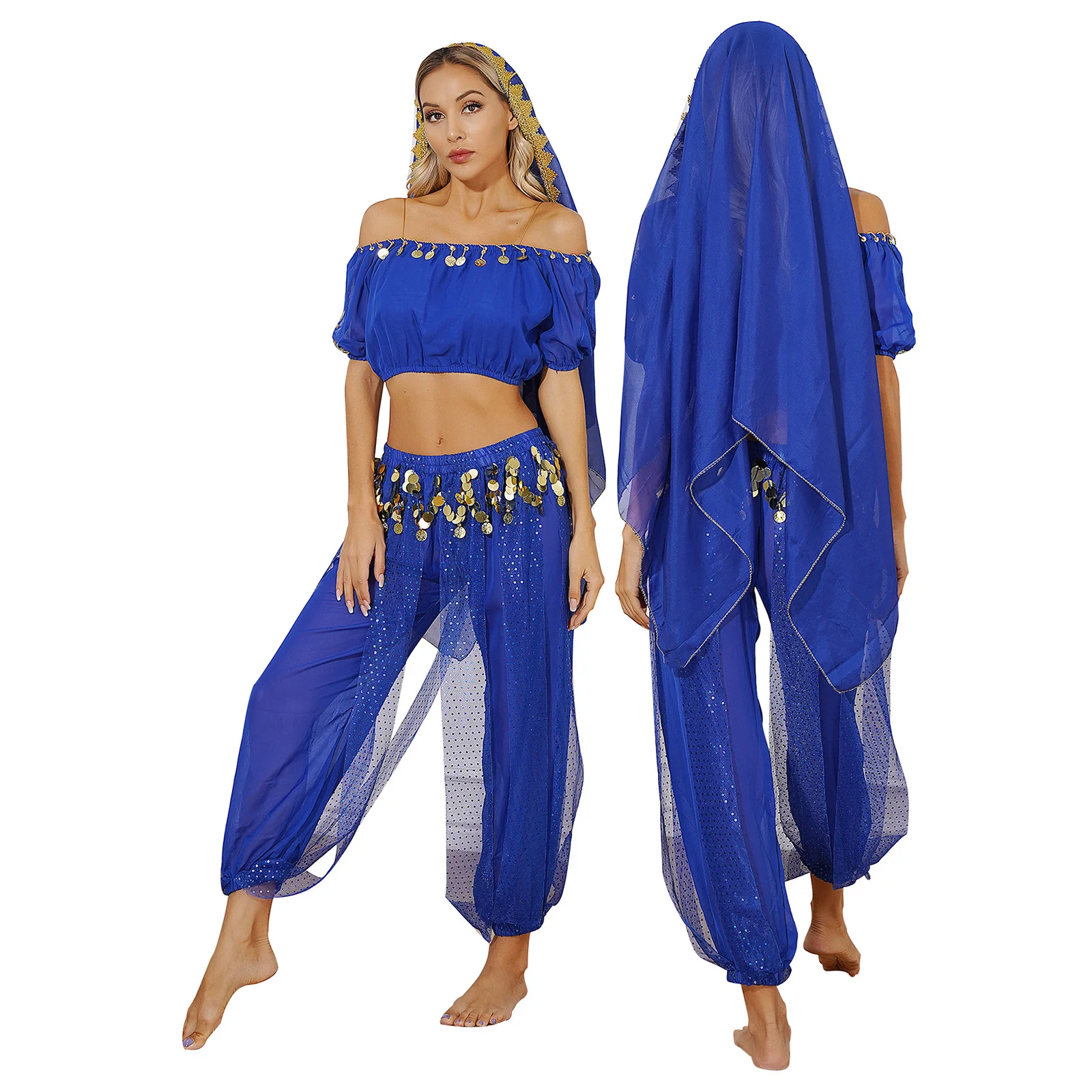 Oriental Dance Set Women's Belly Dance Clothing 3pcs Shiny Coins Sequins Short Sleeve Crop Top Bloomers and Headscarf Bellydance