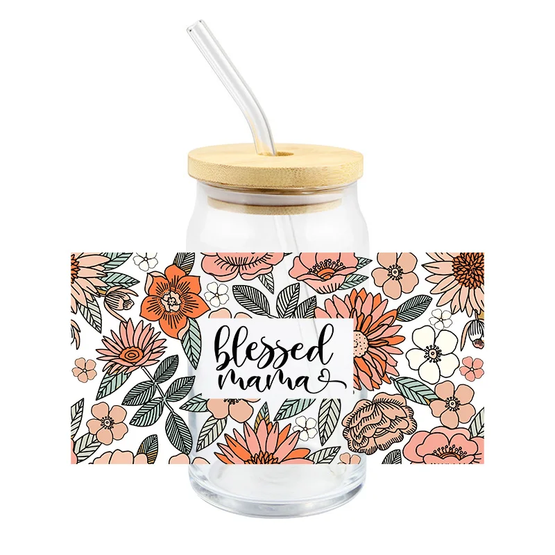 Blessed Mama Uv Sticker For Glass Cups Fashion Girl DIY Stationery Waterproof Uv Dtf Transfer Cup Wraps Stickers Flowers Print