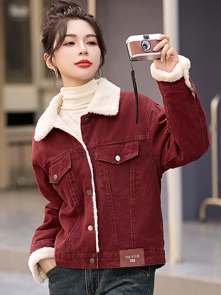 2024 New Winter Women Thicken Warm Fleece Lining Denim Jacket High Quality Loose Vintage Red Jeans Jacket Outwear Coat