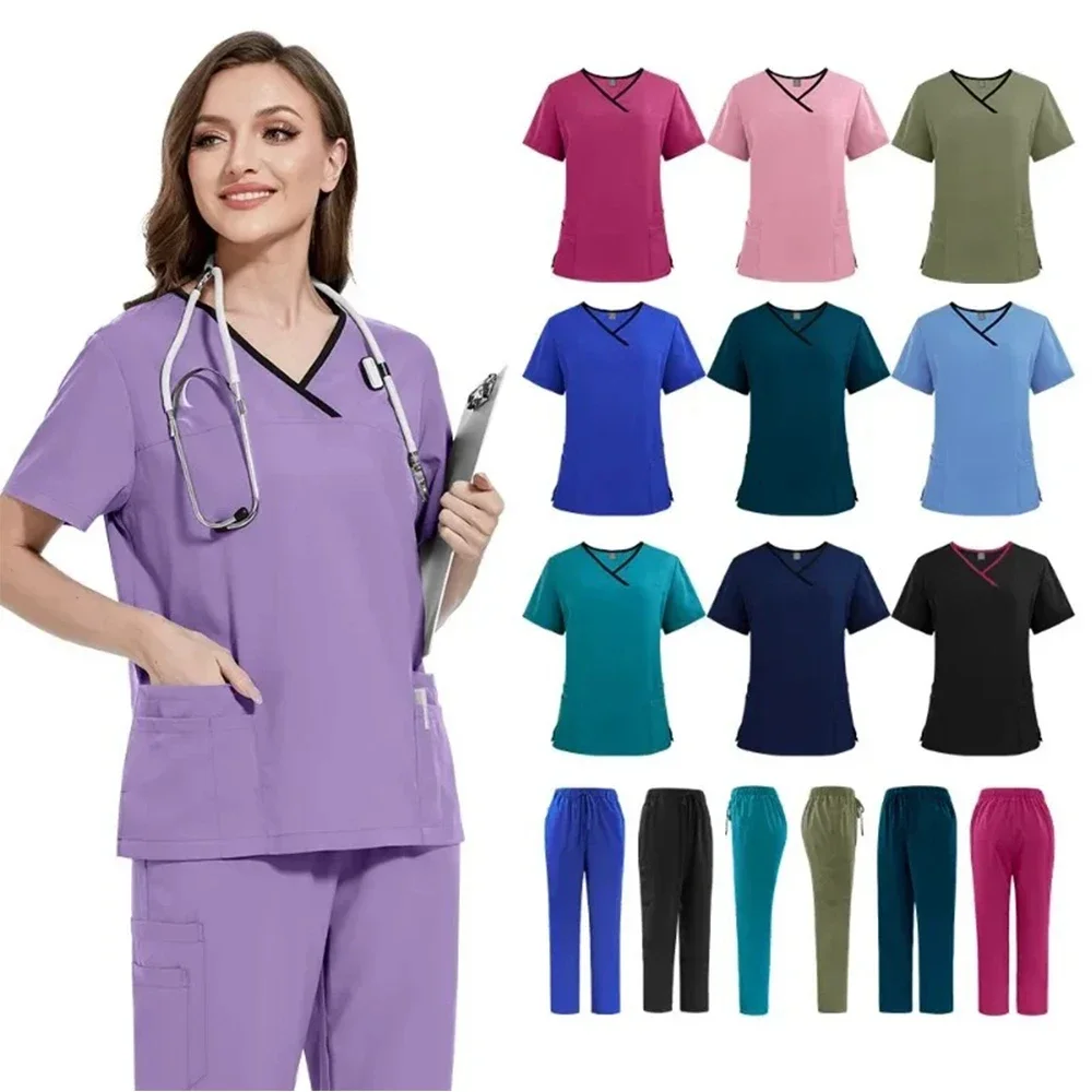 

Medical Uniform Trendy Women's Scrub Set Stretch Soft Y-Neck Top Pants Hospital Pet Clinic Doctor Costume Contrasting Colors