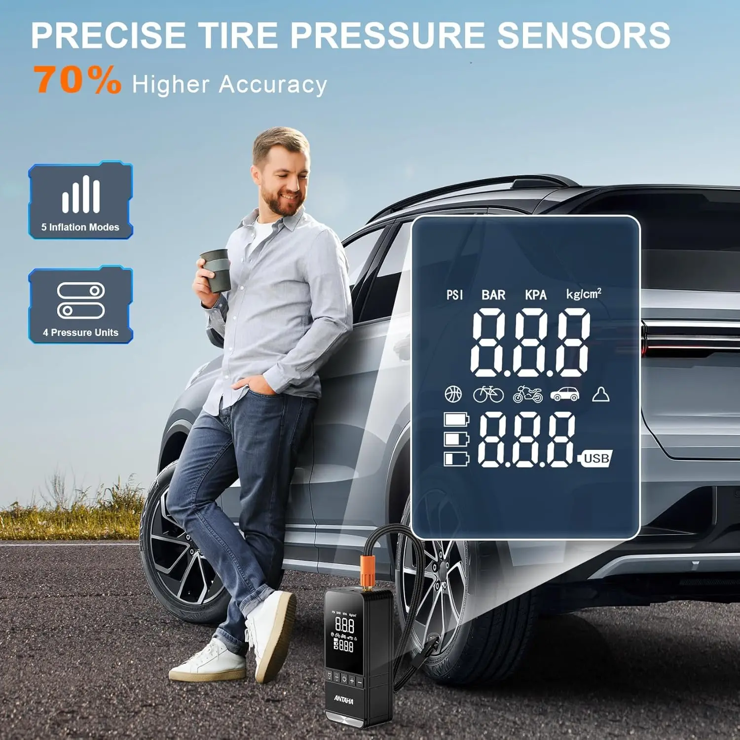 منفاخ إطارات محمول 150 رطل لكل بوصة مربعة مضخة هواء ذكية مع مقياس رقمي للسيارات والدراجات النارية والدراجات والكرات
