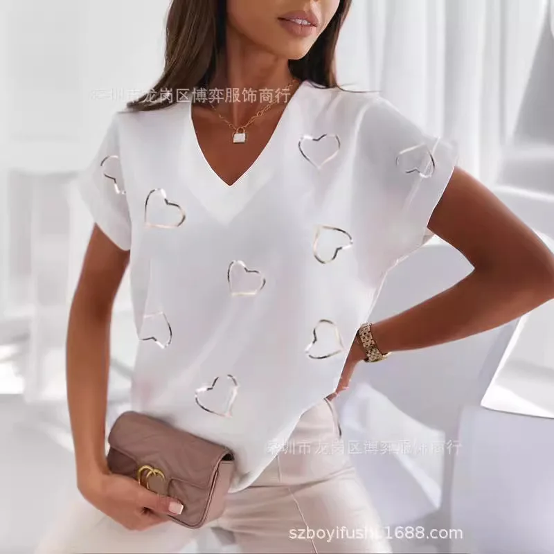 

2025 Новая популярная свободная женская футболка с короткими рукавами и v-образным вырезом с принтом Love