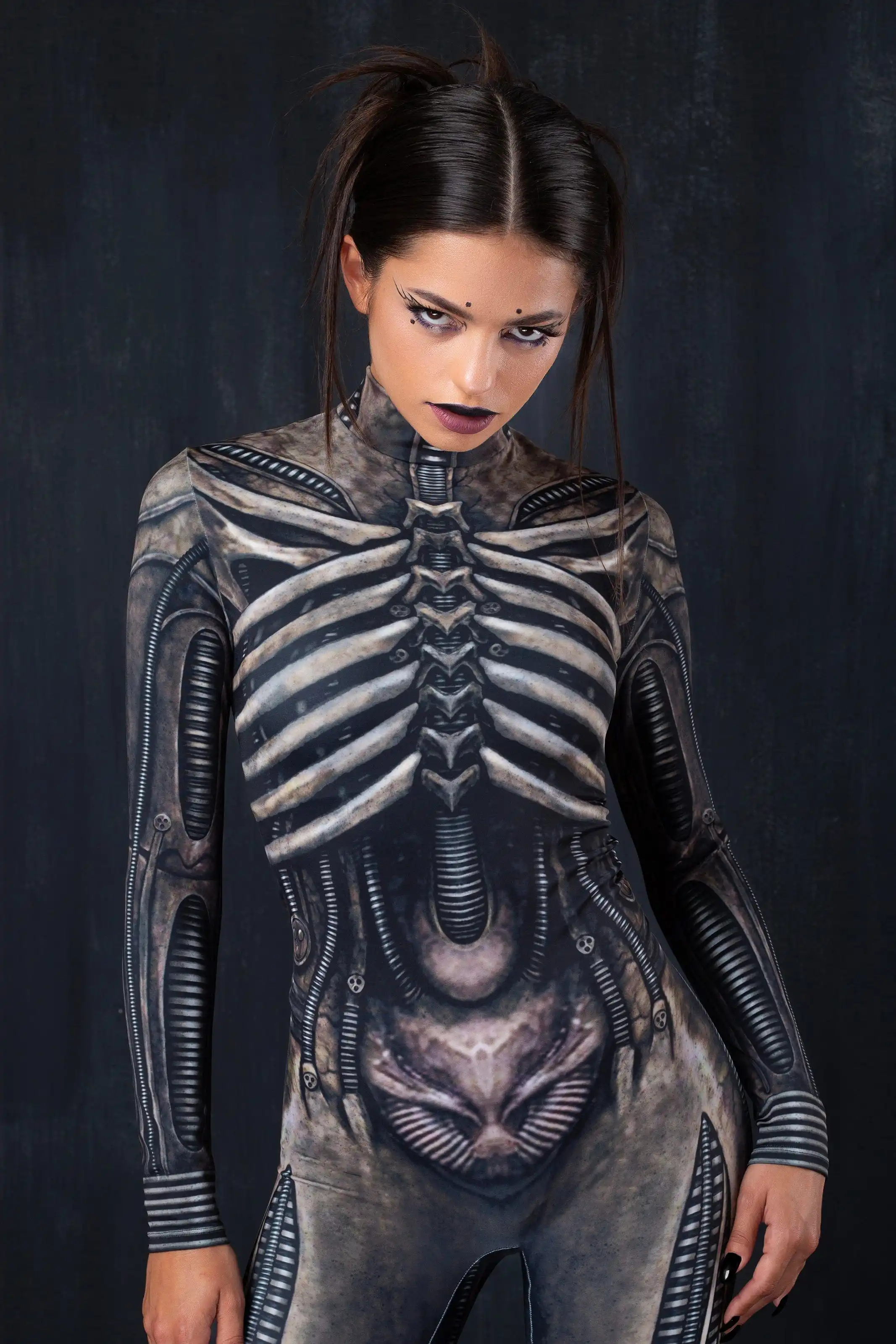 Mechanical CyberPunk Catsuit Women Men Zipper Jumpsuit Zentai 3D Bodysuit Halloween Skeleton Cosplay Costume Elastic Rompers