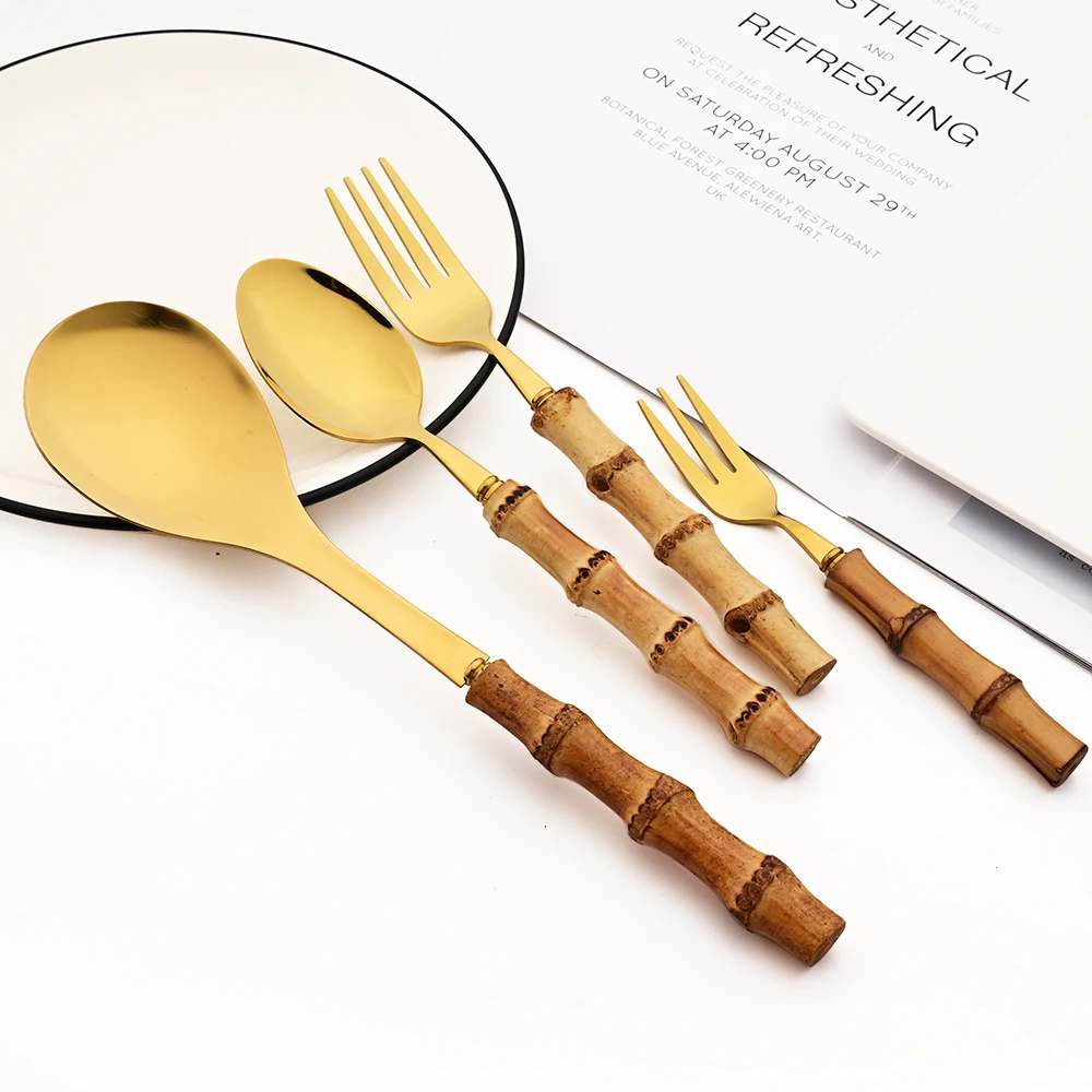 Drmfiy 6Pcs Natural Bamboo Handle 304 Dinnerware Set Stainless Steel Cutlery Set Upscale Knife Dessert Fork Spoon Tableware Set