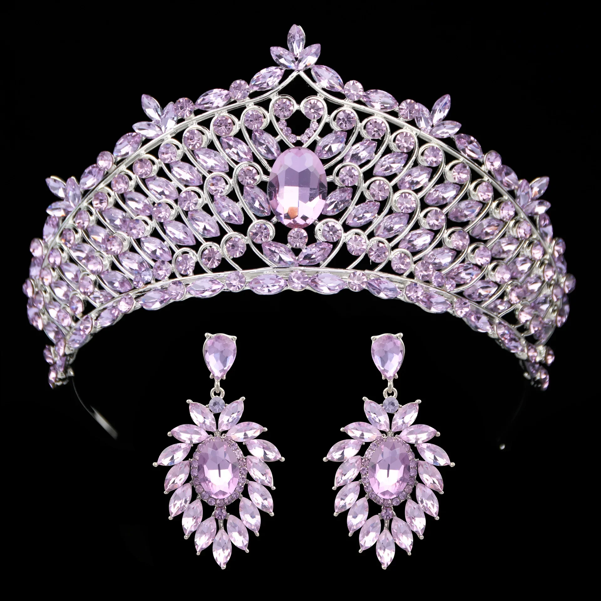 Baroque Purple Jewelry Sets Bridal Crown Earrings Wedding Hair Jewelry Water Drop Purple Crystal Tiara