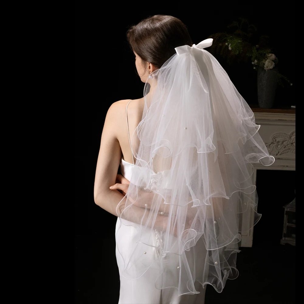 

Four Layers Cheap Wedding Veil Pearls Bridal Veils With Comb Customized