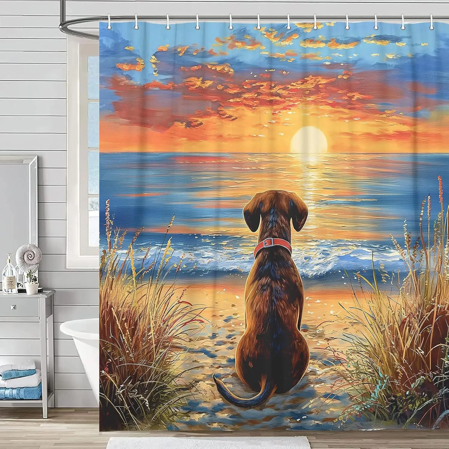 Sunset Dog Beach Shower Curtain, Golden Retriever Ocean View Bath Decor, Scenic Pet Art, Waterproof Polyester Fabric