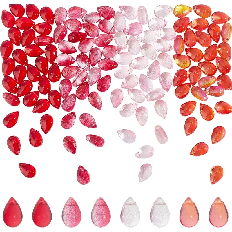 

120Pcs Teardrop Czech Glass Beads 4 Colors Transparent Beads with Glitter Waterdrop Loose Pendants Beads for DIY