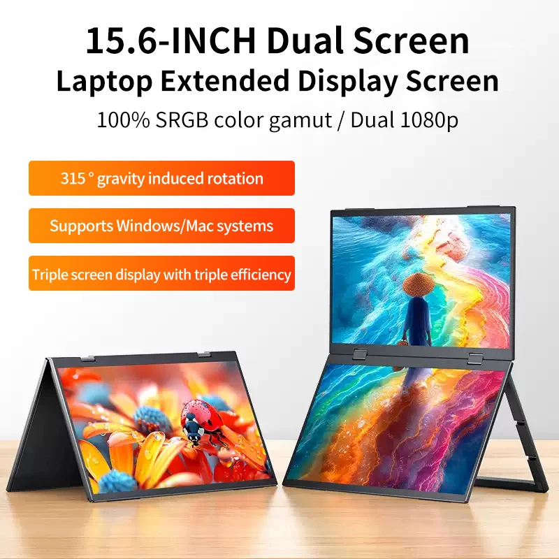 15.6Inch Dual-Screen Foldable IPS Display Dual-1080p 100%sRGB 178° Wide Viewing One-Cable Connection Supports Windows MacOS