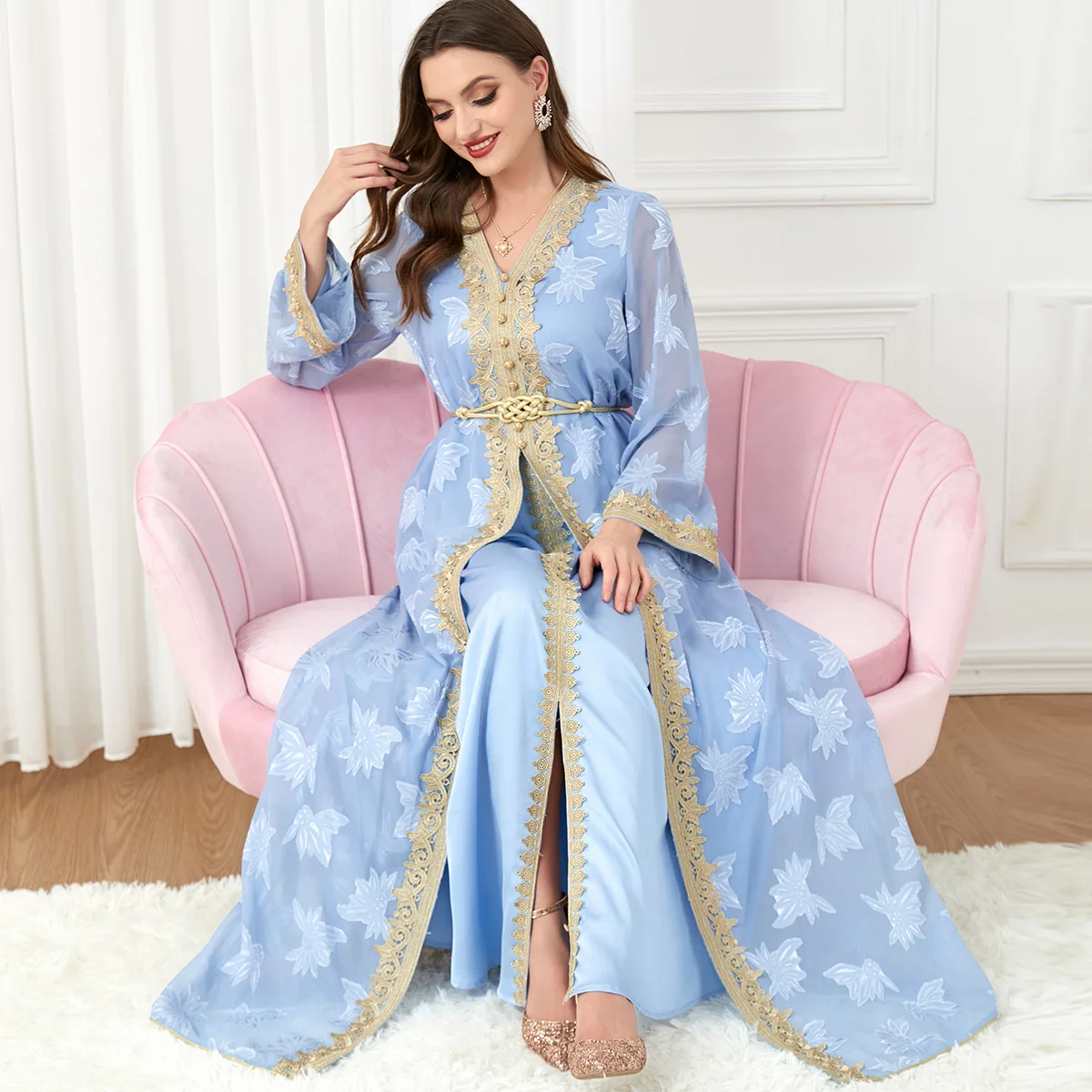 Dubai Women Luxury Abaya 2 Piece Set Ramadan Muslim V Neck Long Sleeved Kaftan Jalabiya Islam Kimono Robe Marocain Party Dresses - Image 4