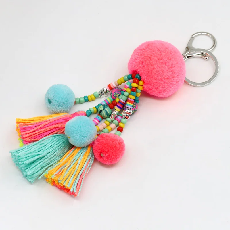 Women Jewelry Boho Keychain Colorful Beads Tassel Pompom Bag Pendant Keychain Car Key Chains Accessories Gift Female