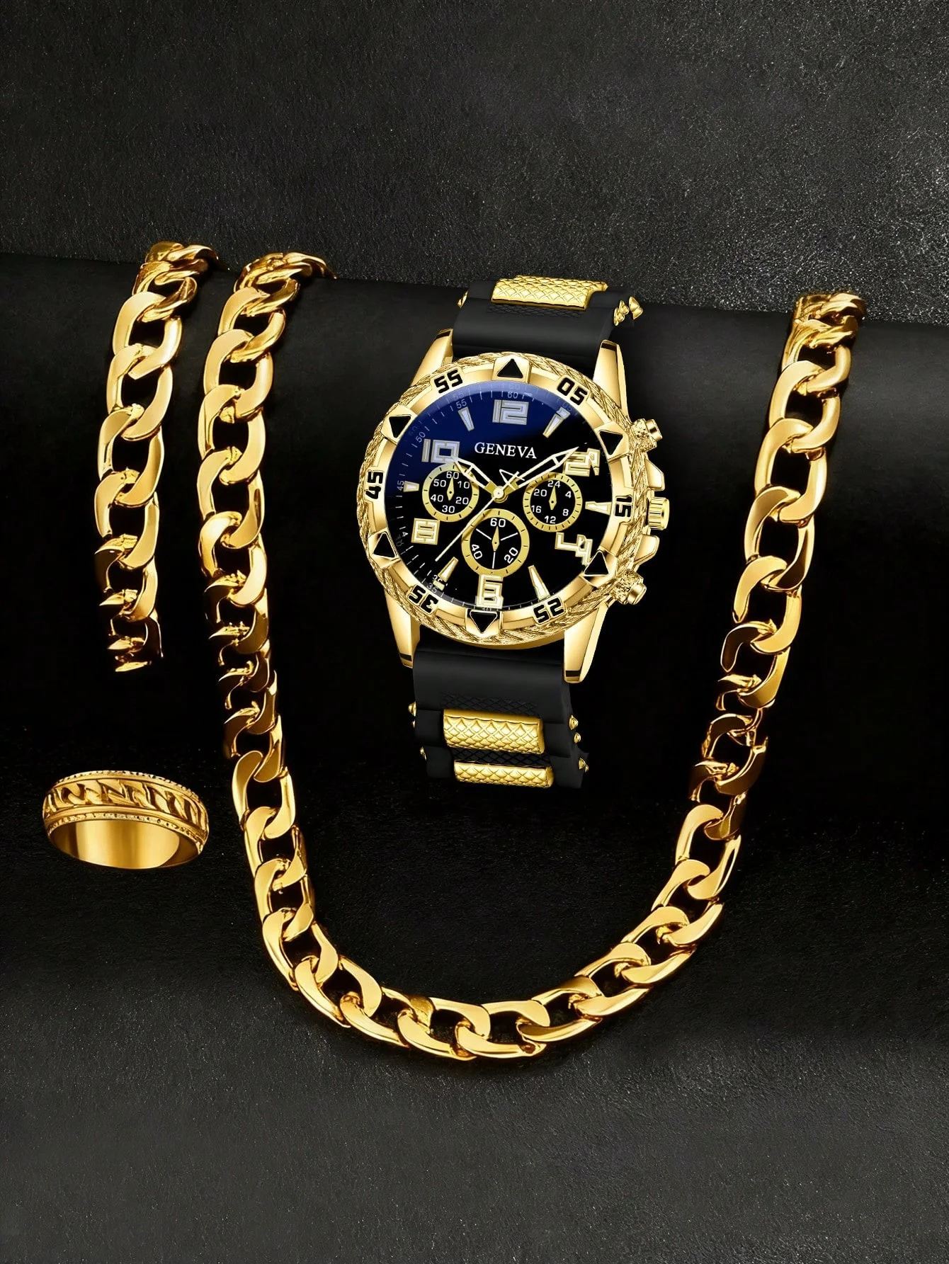 Reloj de cuarzo informal para hombre y conjunto de anillo con cadena, regalo de cumpleaños, uso diario, accesorio elegante