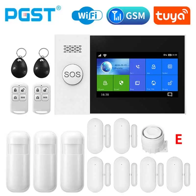 PGST PG107 Tuya Alarm System 4.3 inch Screen WIFI GSM GPRS Burglar Home Security With PIR Motion Sensor Fire Smoke Detector