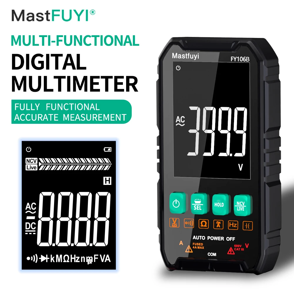 MASTFUYI FY106 Mini Multifunction Digital Multimeter, Voltage & Current True RMS Autorange Volt/Amp/Ohm/Capacitance Tester