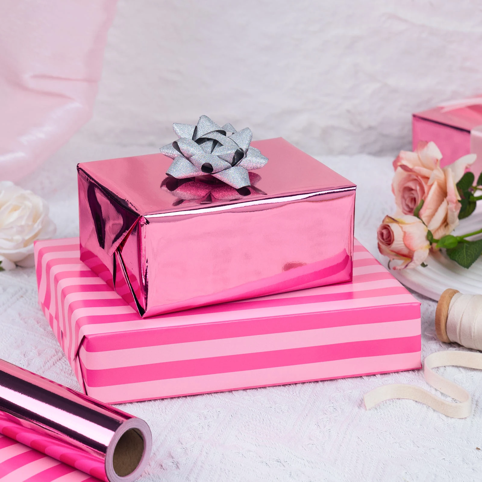 Wikadlik Hot Pink Wrapping Paper - Metallic Hot Pink Solid Color and Horizontal Stripes Gift Wrap Paper for Birthday, Valentines Day, Mothers Day - 43cm x 10m Mini Roll view 5